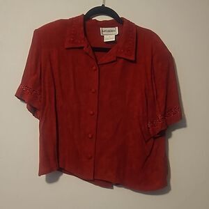 Vintage Karin Stevens Red Short Sleeve Button Down Blouse Size 14